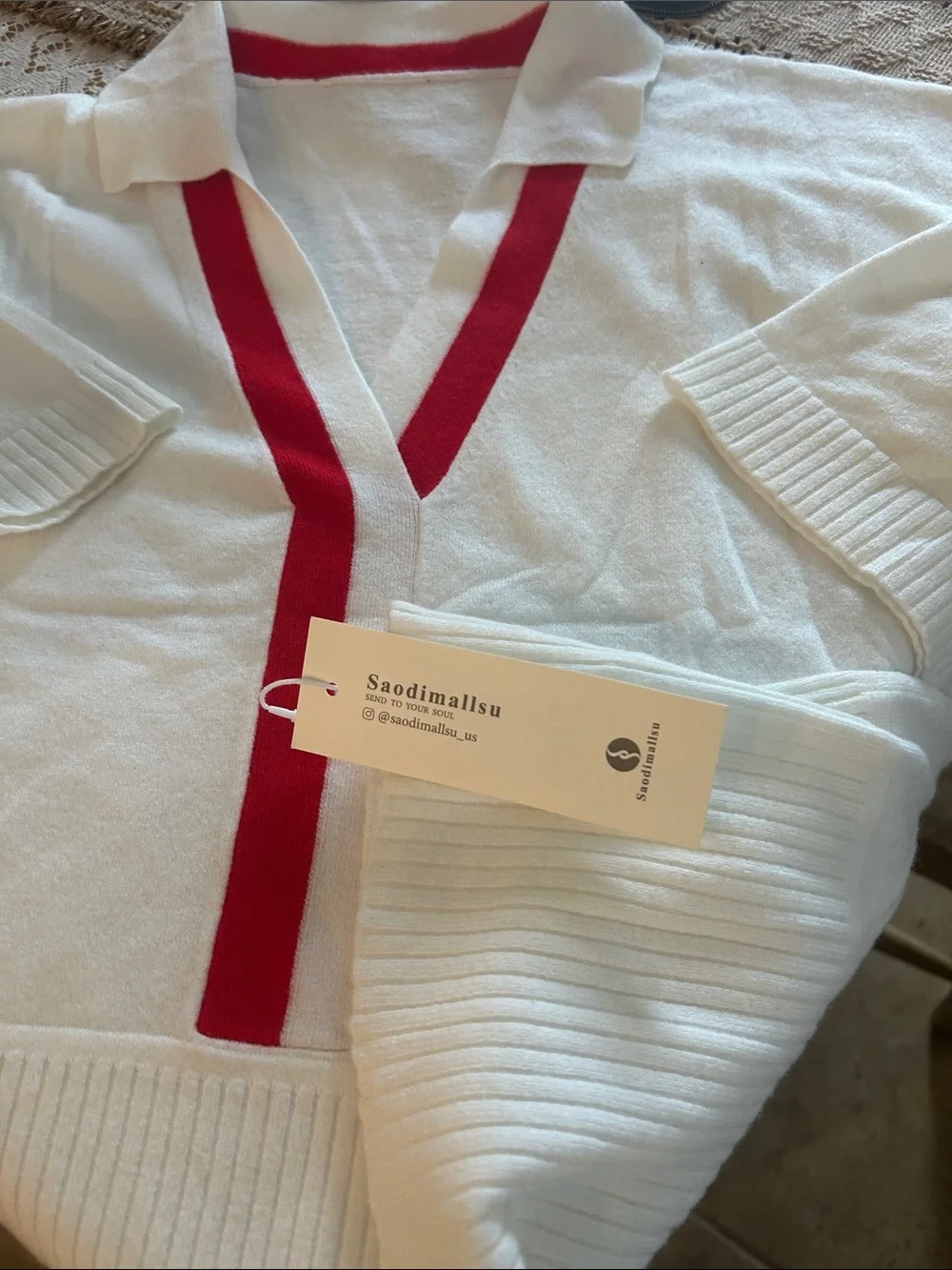 White V-Neck Sweater with Red Contrast Trim